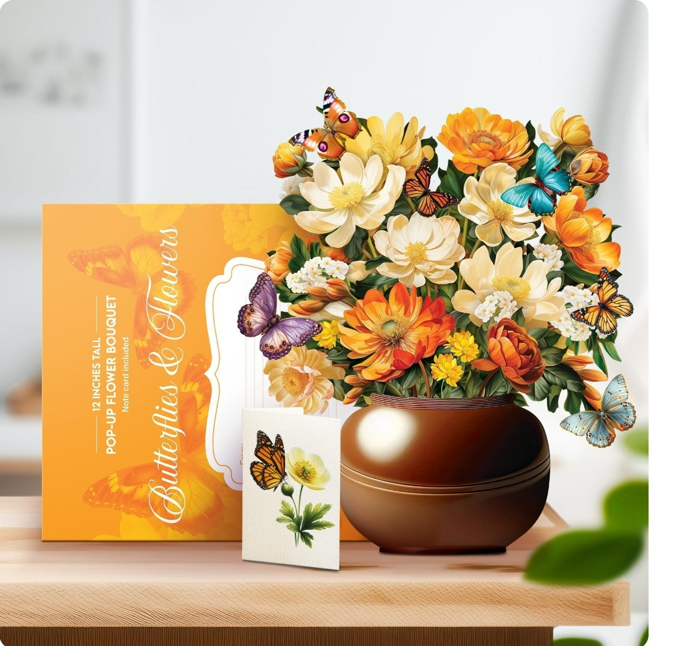 Paeone Paper Pop-Up Flower Bouquet, 12 Inch, Butterflies & Flowers